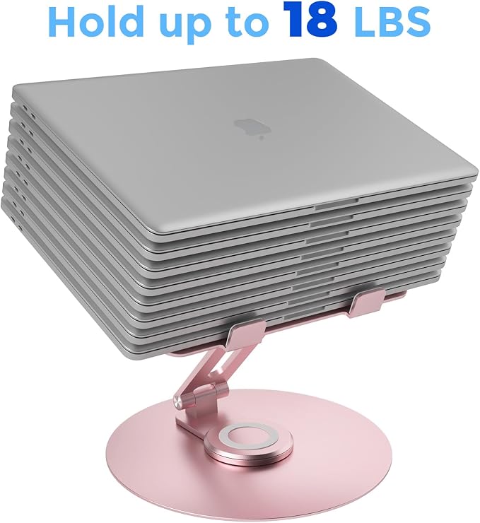 Swivel Laptop Stand for Desk, Adjustable Height Aluminum Computer Stand with 360 Rotating Base, Foldable Ergonomic Riser, Portable Laptop Holder Compatible with MacBook, All Laptops 10-17'', Pink - Image 4