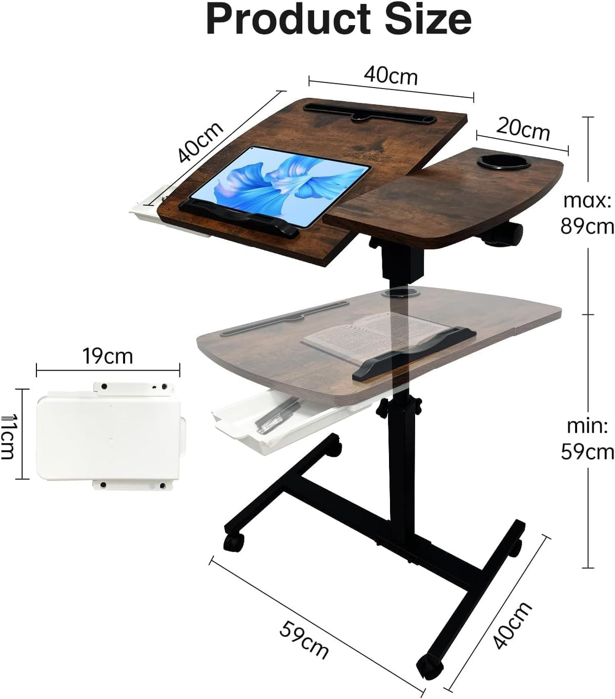 Medical Adjustable Overbed Bedside Table with Wheels & Cup Holder - Image 3