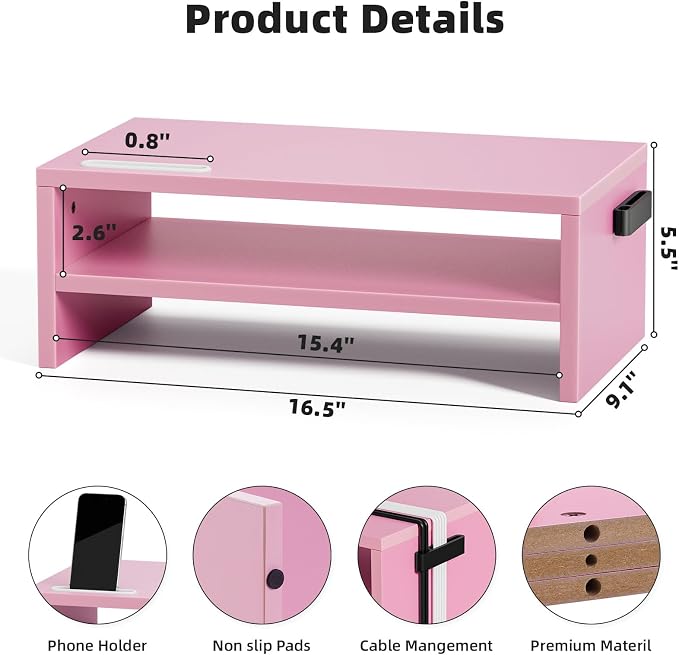Marbrasse Wood Monitor Stand Riser,Desk Computer Printer Shelf Stand，Pink | 2 Tier Laptop Computer Screen Storage, Desktop Stand with Phone Holder and Cable Management - Image 3