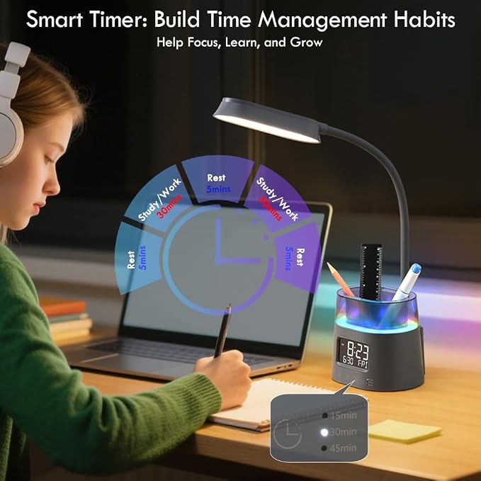WILIT LED Desk Lamp for College Dorm Room Essentials, 3 Modes,Touch, Gray | Study Lamp with USB Charging Port, Pen Holder, Clock & RGB Night Light, Office Desk Accessories, Table Lamp for Bedroom - Image 3