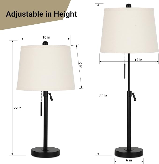Bedside Table Lamps Set of 2: Tall Black Table Lamps for Living Room End Table | Height Adjustable 3-Way Dimmable Nightstand Lamp with Pull Chain Switch Modern Lamps for Bedroom Office(Bulbs Included) - Image 2