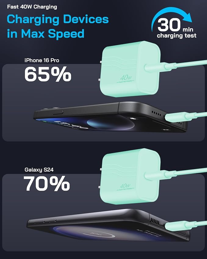 GUUSMART 40W iPhone 17/16/15 Charger Fast Charging 3 Pack Type C Chargers | USB C Charger Block for iPhone 17/16/15 Pro Max, 17/16/15 Plus, iPad Pro with Long 6 FT iPhone Charger USB C Cable-Green - Image 2