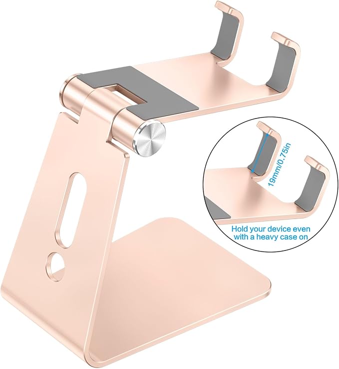 OMOTON Adjustable Cell Phone Stand, C2 Aluminum Desktop Phone Dock Holder Compatible with iPhone 15 14 13 Pro, SE, XR, 8 Plus 7 6, Samsung Galaxy, Google Pixel and More, Gold | Sturdy 3mm Aluminum, Charging Port, 270° Adjustable, Non-Slip Silicone Pads... - Image 2