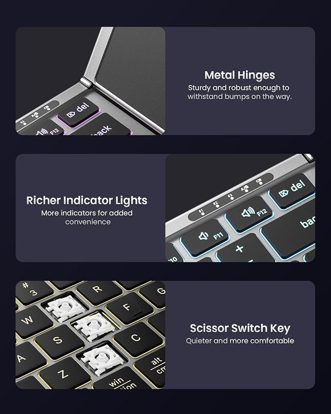 Samsers Full-Size Backlit Foldable Bluetooth Keyboard with Touchpad, Gray | 7-color illuminated, BT5.1 x 3, Multi-touch Trackpad, PU Leather Cover, Phone Holder, Mouse click, Velvet bag, Mobile Work - Image 8