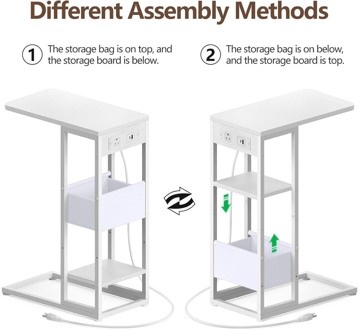 C Shaped End Table with Charging Station, Small Side Table for Couch Recliner, Slide Under Sofa Desk Snack Tables with Storage Bag & AC / USB Outlet, Small Spaces Drink Tables for Living Room, Bedroom - Image 5