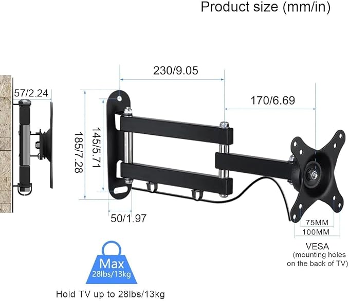 Suptek TV Wall Bracket Mount Swivel and Tilt for Most 15"-32" LED, LCD, OLED Flat Screen TVs and Monitors with VESA 75x75-100x100mm up to 13kg Full Motion Monitor Wall Bracket MA2720 - Image 7