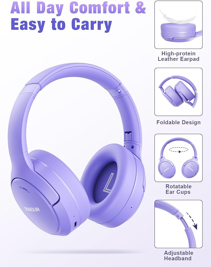 RUNOLIM Hybrid Active Noise Cancelling Headphones, Wireless Over Ear Bluetooth Headphones with Microphone, 100H Playtime, Foldable Headphone with HiFi Audio, Deep Bass for Home Travel Office（Purple） - Image 5
