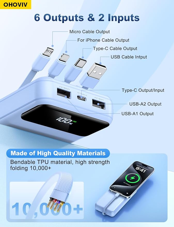 OHOVIV Portable Charger Power Bank 50000mAh,4 Built-in Cables Battery Pack | 22.5W Fast-Charge,55% in 30mins,10 Times for iPhone,Camping Travel Essential,Compatible with iPhone,Samsung,Tablet,Blue - Image 3