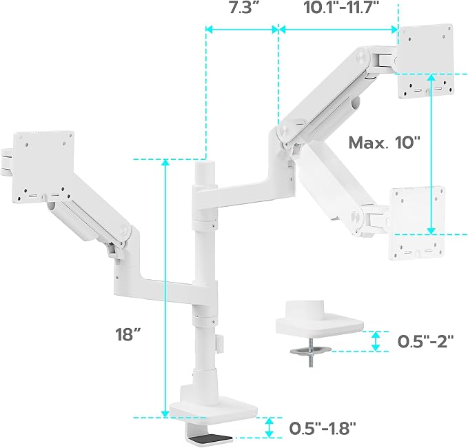 Dual Monitor Arm Desk Mount for 17-49 Inch Monitors Holds 44 lbs, White | Heavy Duty Monitor Mount Stacked Monitor Arm Desk Full Motion Gas Spring Vertical Monitor Mount, 75/100 VESA Mount - Image 9