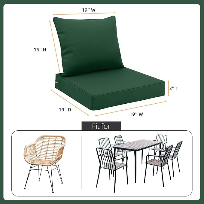 Favoyard Outdoor Patio Seat Cushion Set, 19x19 Inch, Water & Fade Resistant | Dark Green, Removable Cover, Deep Seat & Back Cushion, Tie Straps for Patio Furniture, Garden, Rocking Chair, Sofa Couch - Image 2