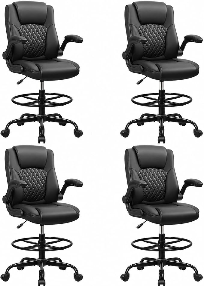 Drafting Chair, Tall Office Chair for Standing Desk, High Executive Leather Ergonomic Computer Chair with Adjustable Height and Flip-Up Armrest for Counter Height Desk, Black, Pack of 4 by BrickAttic