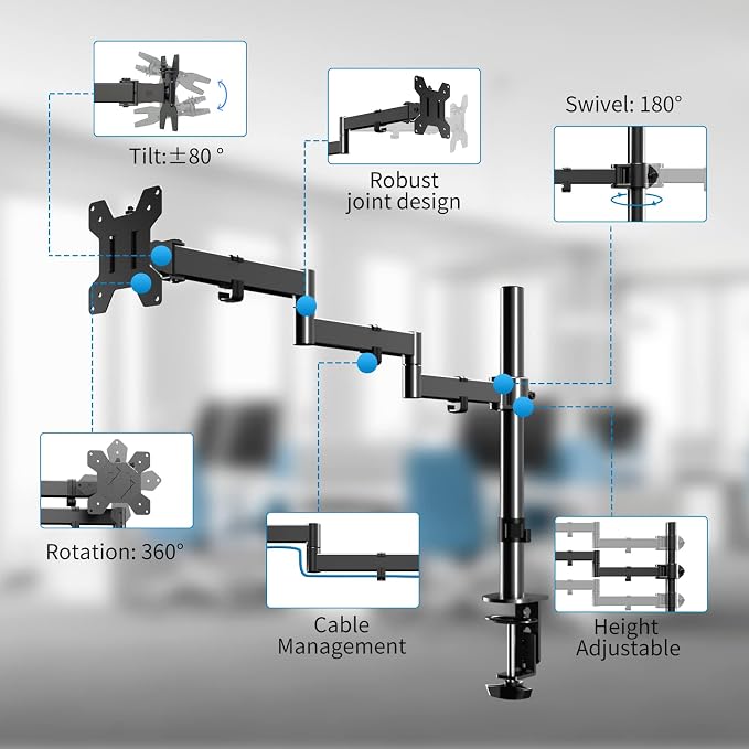 Pholiten Single Long Monitor Stand for 13-32" Screens | Extra Long Adjustable Computer Arm Max VESA 100x100mm - Image 3