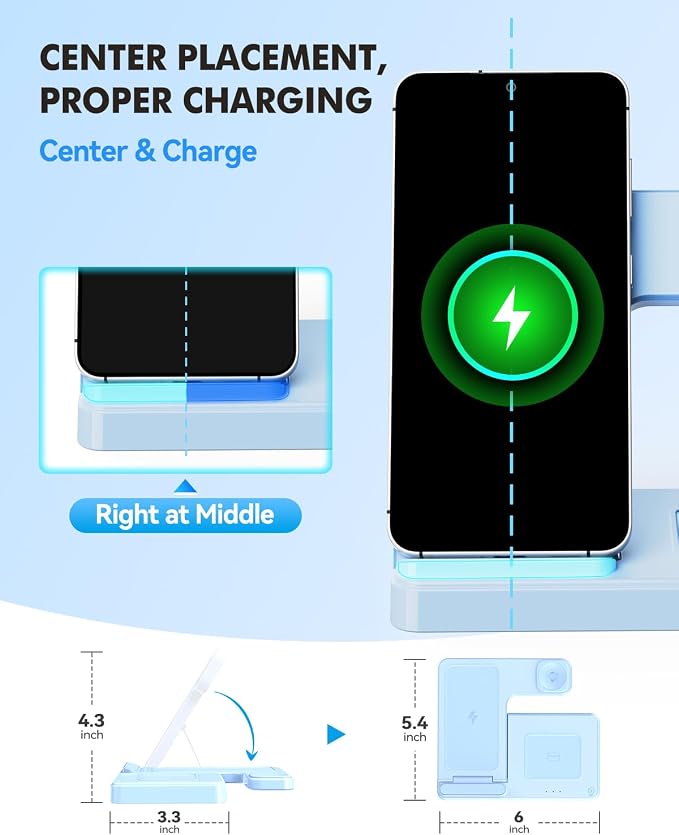 3-in-1 Charging Station for Samsung, Foldable Wireless Charger Stand | Android Phone and Watch Charger for Samsung S26/S25/S24/S23/S22/S21, Note 20/10, Z Fold 6/5, Galaxy Buds and Watch-Blue - Image 4