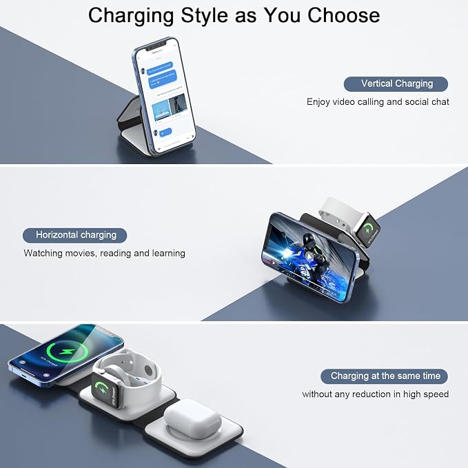 Wireless Charger 3 in 1,RTOPS Magnetic Traval Wireless Charging Station Multiple Devices,GaN 3 in 1 Charging Station,Compatible iphone17/16/15/14/13/Pro/Max,iWatch,AirPods4/3/2/Pro(Adapter Includes) - Image 2