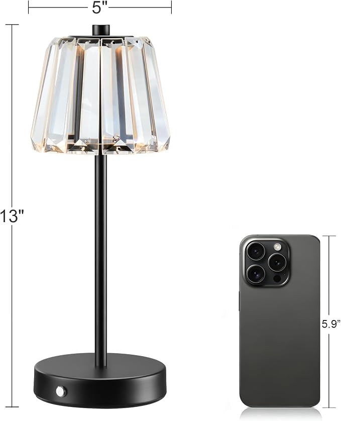 13" Small Crystal Cordless Table Lamp, Touch Rechargeable Desk Lamps | 3 Color Temps, Stepless Dimming, Black Portable Battery Operated LED Desk Lamps for Bedside, Nightstand, Kitchen, Patio, Gift - Image 6