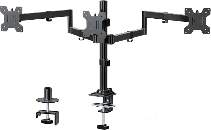 WALI Adjustable Triple Monitor Mount for 13-27 inch Screens, 22 lbs per Arm | 3 Monitor Desk Mount, Full Motion with Tilt, Swivel, Rotation, C-Clamp & Grommet Base, VESA 75/100mm (M003S), Black by WALI