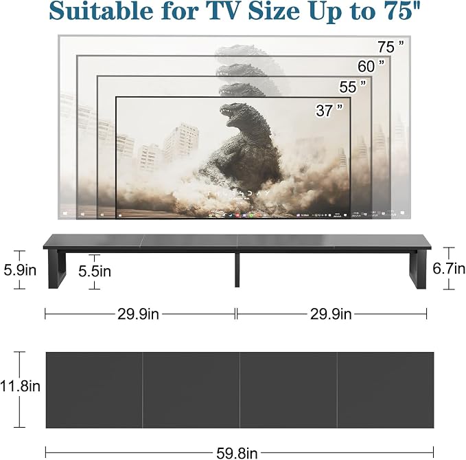 aboxoo 59" Large TV Riser Stand for 32-75 Inch TV, TV Shelf with Steel Legs | Black TV Riser Stand with Storage, Tabletop TV Riser for Home Living Room, Study Office, Fit TV, Monitor, Laptop - Image 2