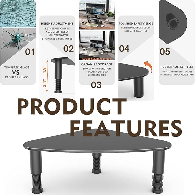 Hemudu Tempered Glass Computer Monitor Riser/Triangle Save Space Desktop Corner Stand for Computer Monitor & Laptop Black HD01B-003 - Image 2
