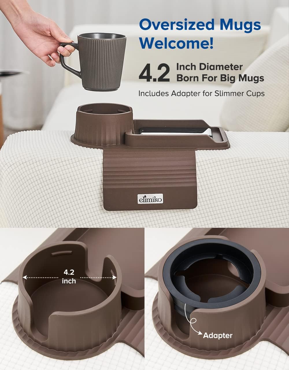 Couch Cup Holder Tray, Elimiko Silicone Sofa Drink Holder with Large Cup Holder and Tray, for Oversized Mugs/Long Remote/Snacks/Cellphone (Mocha Brown) - Image 3