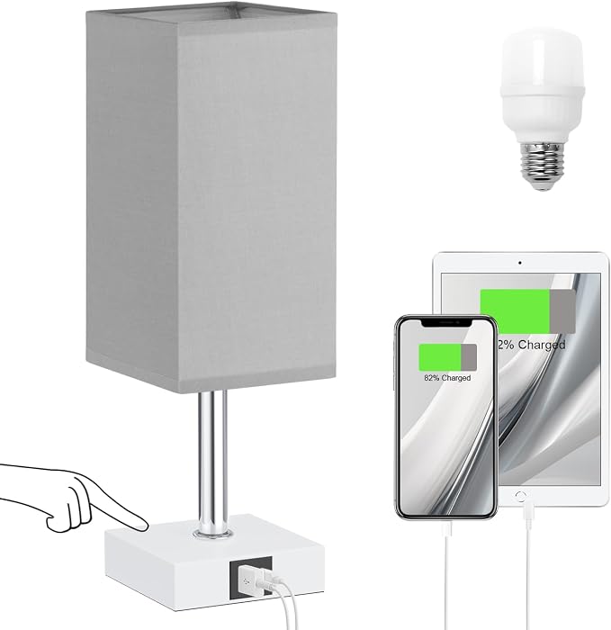 Touch Table Lamp for Bedroom - Dimmable, USB C+A, Grey Lamphade White Base | 3-Way Dimmable, 3000K LED Bulb Included, Square Lampshade, Cute Room Decor for Teen Girls, Kids, Small Lamp for Dorm, Nursery by Ambimall