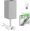 Touch Table Lamp for Bedroom - Dimmable, USB C+A, Grey Lamphade White Base | 3-Way Dimmable, 3000K LED Bulb Included, Square Lampshade, Cute Room Decor for Teen Girls, Kids, Small Lamp for Dorm, Nursery by Ambimall
