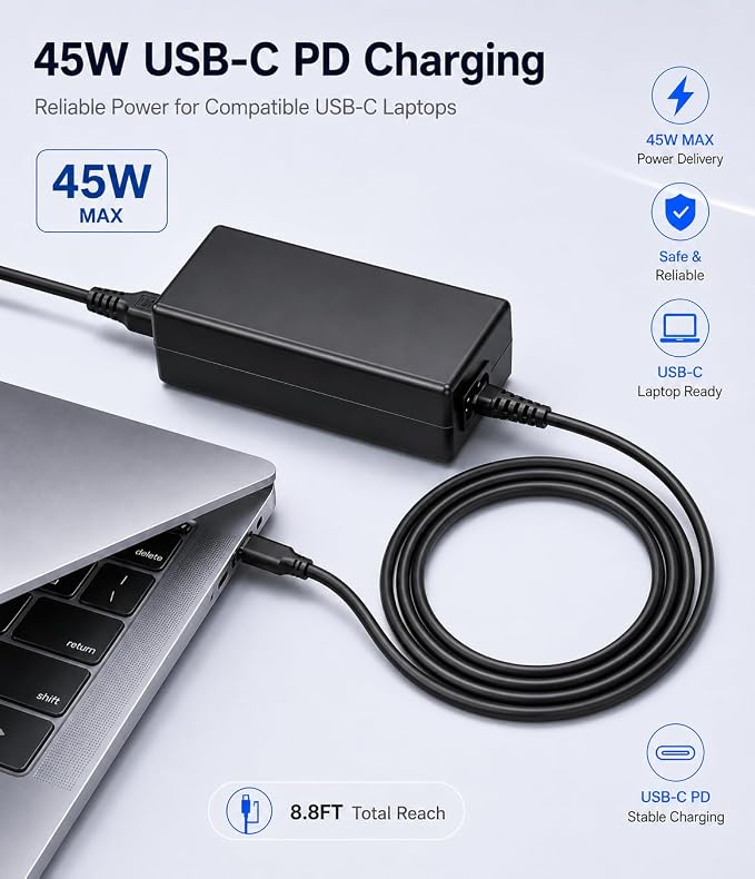 45W USB C Chromebook Charger, Type C Laptop Charger Replacement Compatible with Acer Chromebook 315/311, HP Dell Lenovo Samsung Google, PD Power Adapter with 8.8FT Cord - Image 2