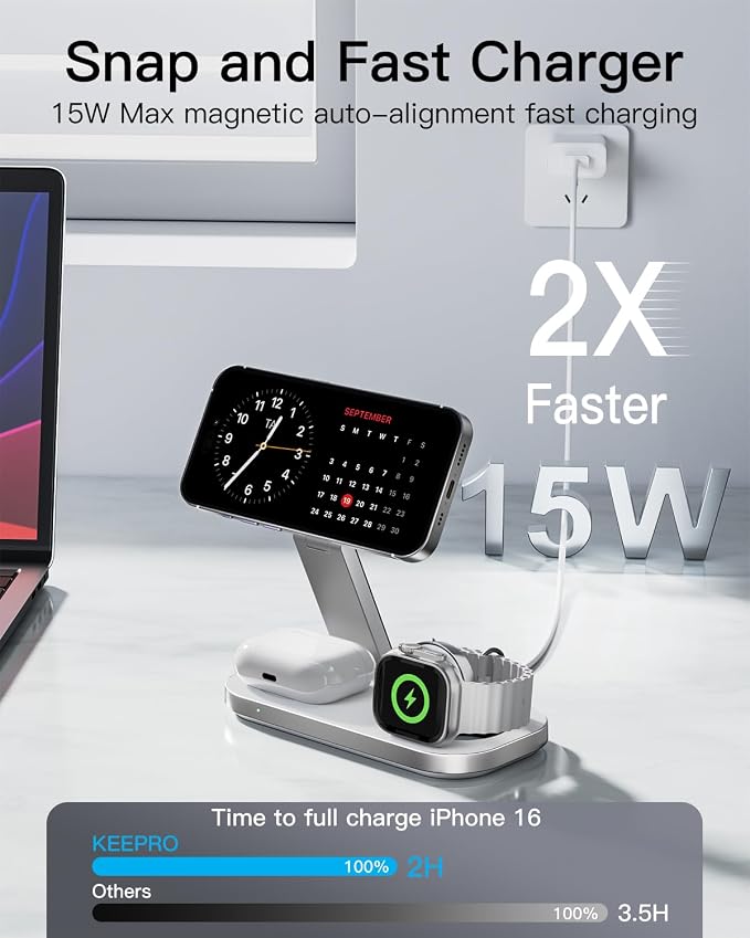 3-in-1 Charging Station for Apple Device, Foldable Magnetic Wireless Fast Charger Stand Compatible with MagSafe for iPhone 17e/17/16/15/14/13/12/Air Series, Apple Watch & AirPods-White - Image 2