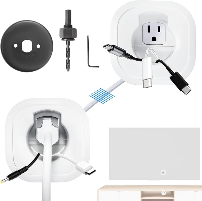 in Wall Cable Management Kit for Wall Mounted TV, Professional TV Cord Hider & Wire Concealer with Power Outlet & Pass Through, Included DIY Hole Saw, Hide Cables Behind Wall, White by Tensilearm