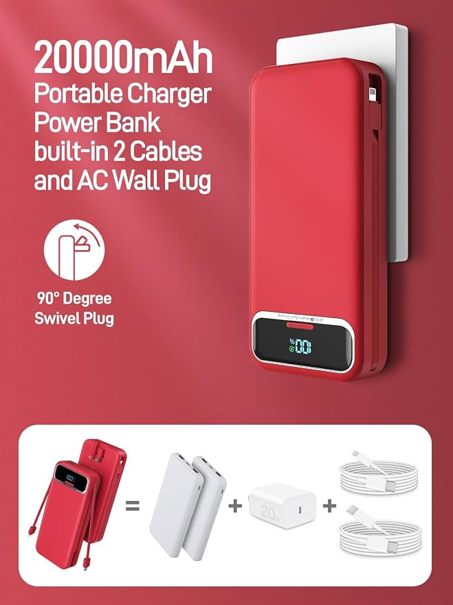 Nusyddy Portable Charger 20000mAh Fast Charging w/Built-in Wall Plug Red | 22.5W Fast Charging, High Capacity, LED Display, Charge 5 Devices at once, TSA Approved, Compatible with iPhone/Samsung - Image 2