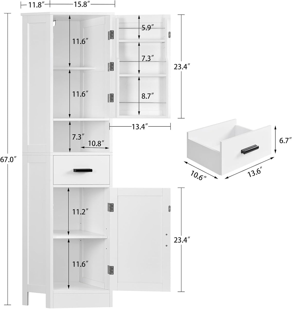 67" H Tall Pantry Cabinet with 2 Doors, Kitchen Cabinet with Door Shelves & Adjustable Shelves, Kitchen Pantry Cabinet, Narrow Bathroom Storage Cabinet for Living Room, Dining Room, Bathroom, White - Image 3