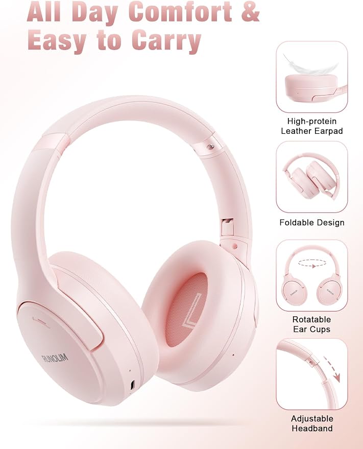RUNOLIM Hybrid Active Noise Cancelling Headphones, Wireless Over Ear Bluetooth Headphones with Microphone, 100H Playtime, Foldable Headphone with HiFi Audio, Deep Bass for Home Travel Office（Pink） - Image 5