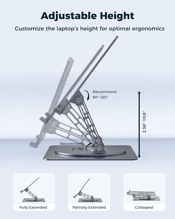 Aoviho 360° Rotating Laptop Stand for Desk | Adjustable, Foldable, Portable Aluminum Ergonomic Riser | Compatible with MacBook, Dell, HP & All Laptops 10-16 inch | Gray - Image 2