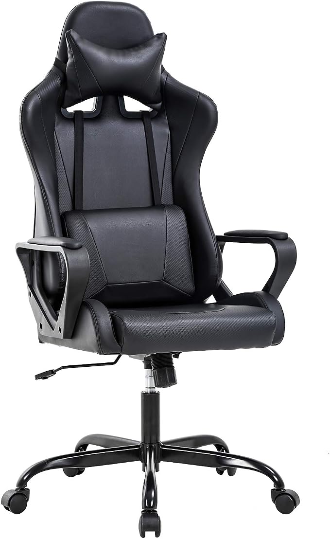 BestOffice Gaming Chair | Black | Desk Chair with Adjustable Lumbar Support | Headrest Pillow | Ergonomic Racing Style Seat with Recline, Swivel Base & Rolling Wheels | For Gamers, Home, Office by BestOffice