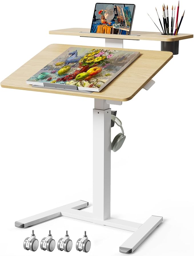 28" Mobile Standing Desk, Tiltable Top with 2-Tier Shelves, Maple | Pneumatic Rolling Desk, Adjustable Height Computer Workstation, Sit Stand Portable Drafting Table & Laptop Cart on Wheels by LiftSync