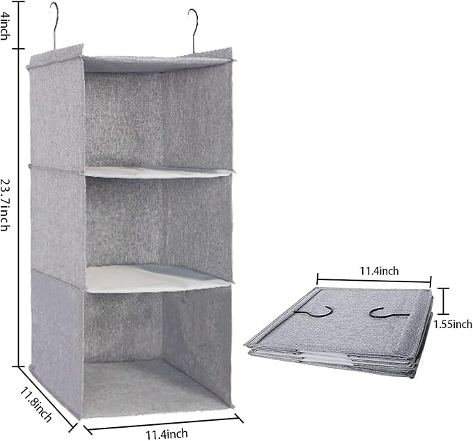 Hanging Closet Organizer 3-Shelf, Oxford Linen Wardrobe Storage, Gray | Easy-mount foldable design holds clothes, handbags, shoes & accessories; washable Oxford fabric, sturdy and space-saving. - Image 3