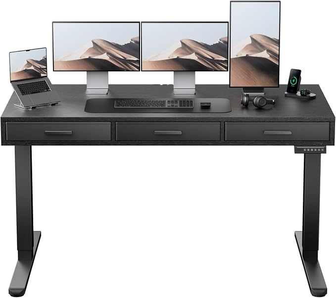 HUANUO Electric Standing Desk with Drawers, C-Clamp Mount Compatible, 55 x 28 Inch Height Adjustable Sit Stand Desk, Fabric Drawers, Home Office Stand Up Desk with 4 Custom Height Settings, Black by HUANUO