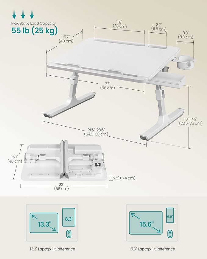 SONGMICS Bed Laptop Desk, Foldable Bed Desk for Laptop, 15.7 x 22 Inches Large Desktop, 120° Stepless Tilt, Adjustable Height, Cup Holder, Tray, Portable Sofa Table, White ULLD113WB01 - Image 7