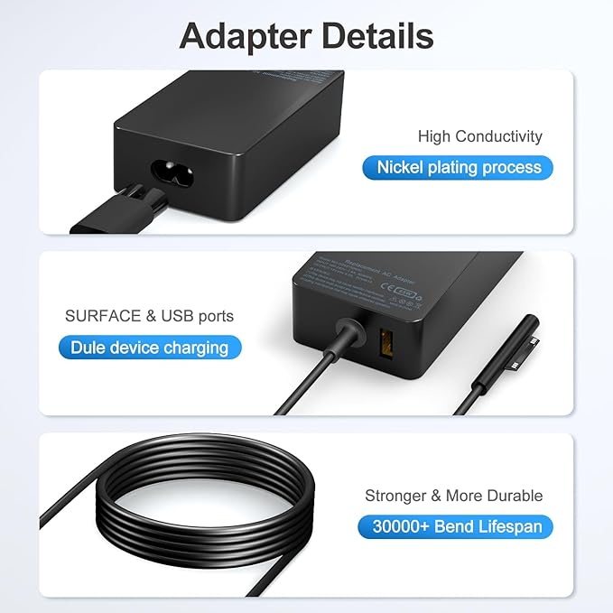 65W Surface Pro Laptop Charger-for Microsoft Surface Pro Charger Windows Surface Laptop 7,6,5,4,3,2,for Microsoft Surface Pro10,9,8,7+,7,6,5,4,3,X,Surface Book3,2,1,Surface Go Tablet,Support 44W,10FT - Image 6