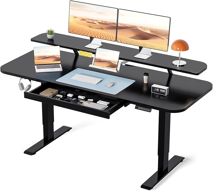 COMHOMA Electric Standing Desk with Drawers, 55 x 24 Inch Sit Stand up Desk with Monitor Stand, Laptop Stand, Height Adjustable Home Office Computer Desks with Memory Preset Controller (Black) by ComHoma