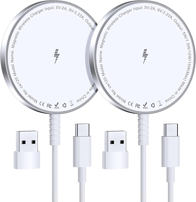 MagSafe Charger 2 Pack: Magnetic Wireless Charge iPhone 17-12 & AirPods | Strong Magnet Charging Pad, with Dual USB C to A Converters, Ultra-Thin & Portable, Ideal for Home Office & Travel, White by WirelessCharger