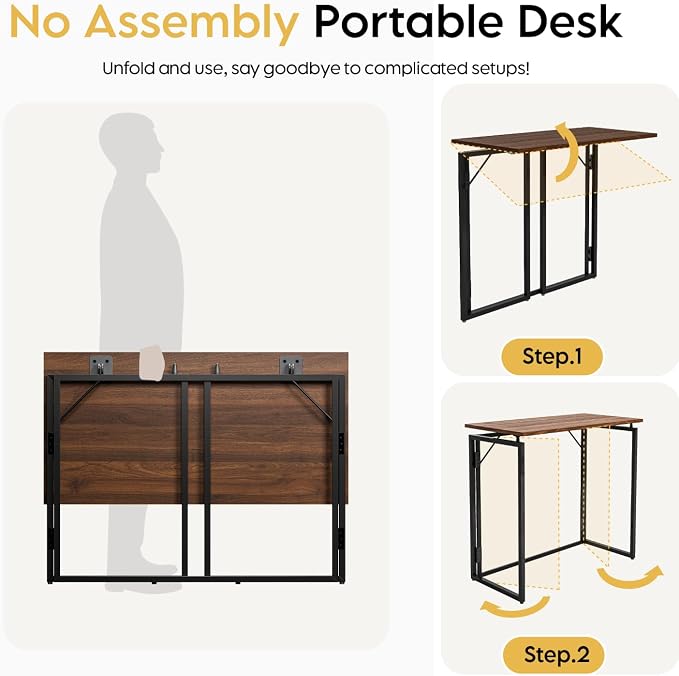 31.5" Folding Desk: No Assembly, Wood Top for Small Spaces | Home office desk, holds 150 lbs, folds flat to 2.3 in, splash-proof wood top, sturdy metal frame - Image 7