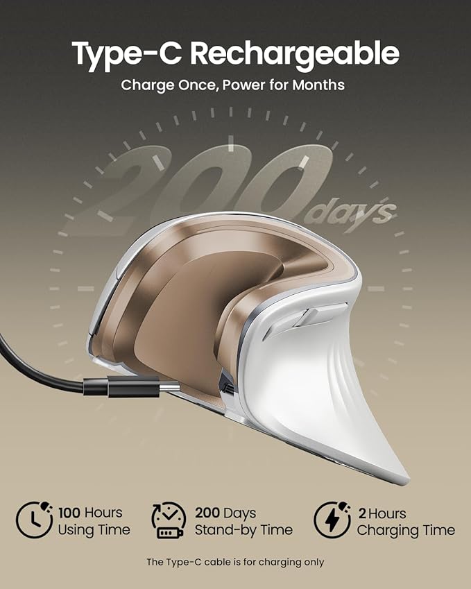 ProtoArc EM11 NL Wireless Ergonomic Mouse, Rechargeable, White Gold | 58° vertical design supports a natural wrist posture, connect 3 devices via Bluetooth/2.4G USB-A, 500mAh USB-C rechargeable. - Image 2