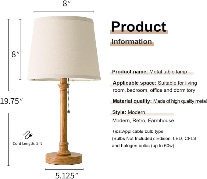 19.5" Wood Grain Rustic Table Lamps Set of 2 for Living Room Bedroom | Pull Chain Switch Bedside Table Lamps, White Linen Shade, Small Desk Lamp for Living Room, Bedroom, Home Office, Nursery - Image 4