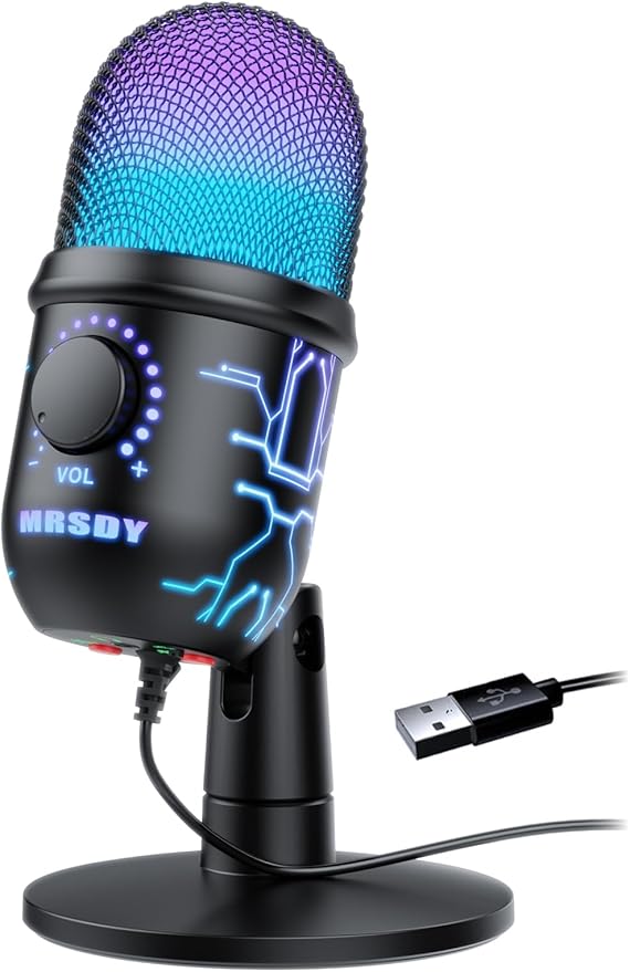 USB Gaming Microphone for PC with Noise Reduction, Mute, Gain, RGB | Condenser Mic, Headphone Jack, Suitable for PC, Computer, PS4, PS5, Mac, Streaming, Podcasting, Recording, YouTube, Discord by MRSDY