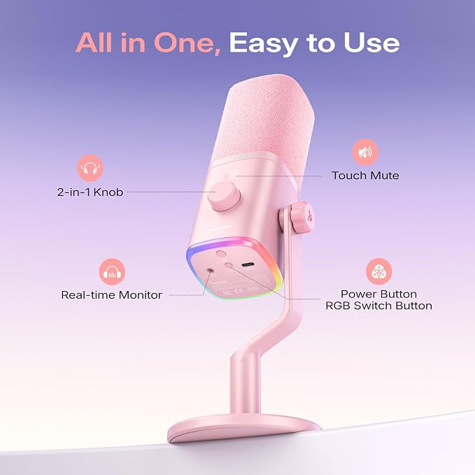 MAONO PD100W Wireless Dynamic Gaming Microphone for PC with USB-C Receiver | One-Click Noise Reduction,Custom RGB,Mute,Monitoring, Companion App,Wireless Desktop Mic for Creator, Stream, Podcast, Pink - Image 7