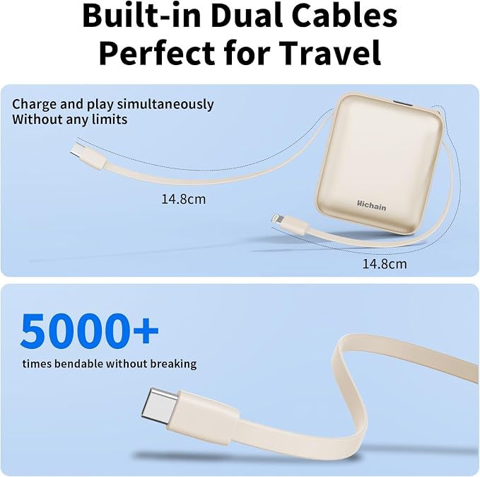 Hichain Small Portable Charger with Built in Cables LED Display Gold | Mini Power Bank 10000mAh 22.5W USB-C Fast Charging Battery Pack, Travel Essential Power Bank for iPhone, Samsung, Android - Image 6
