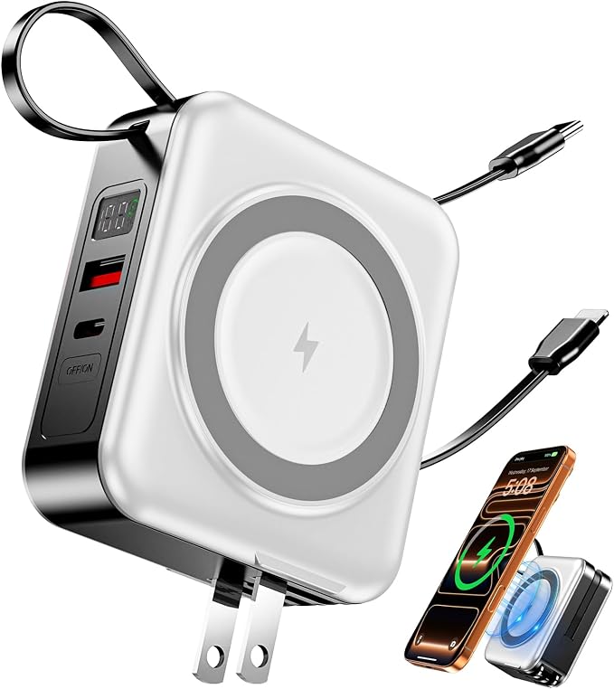 for Magsafe Portable Charger with Built-in Cables and AC Wall Plug, 10000mAh Magnetic Wireless Power Bank 22.5W Type-C in & Out Fast Charging Battery Pack for iPhone 17/16/15/14/13/12 Series, White by Unknown
