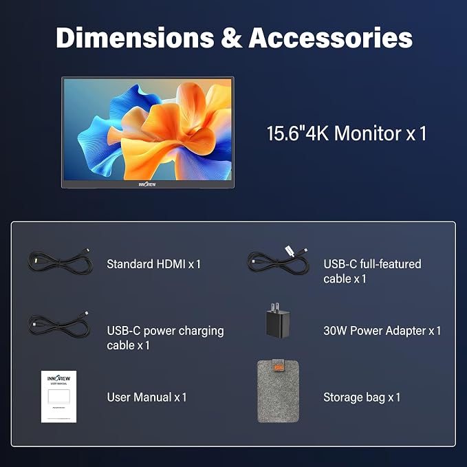 InnoView 15.6 inch Portable Monitor 4K UHD 3840x2160 | 100% sRGB HDR | External Monitor with 2 USB-C & HDMI Ports | Travel Second Monitor for Laptop Mac PC Xbox PS5 Switch (Includes Adapter) - Image 9