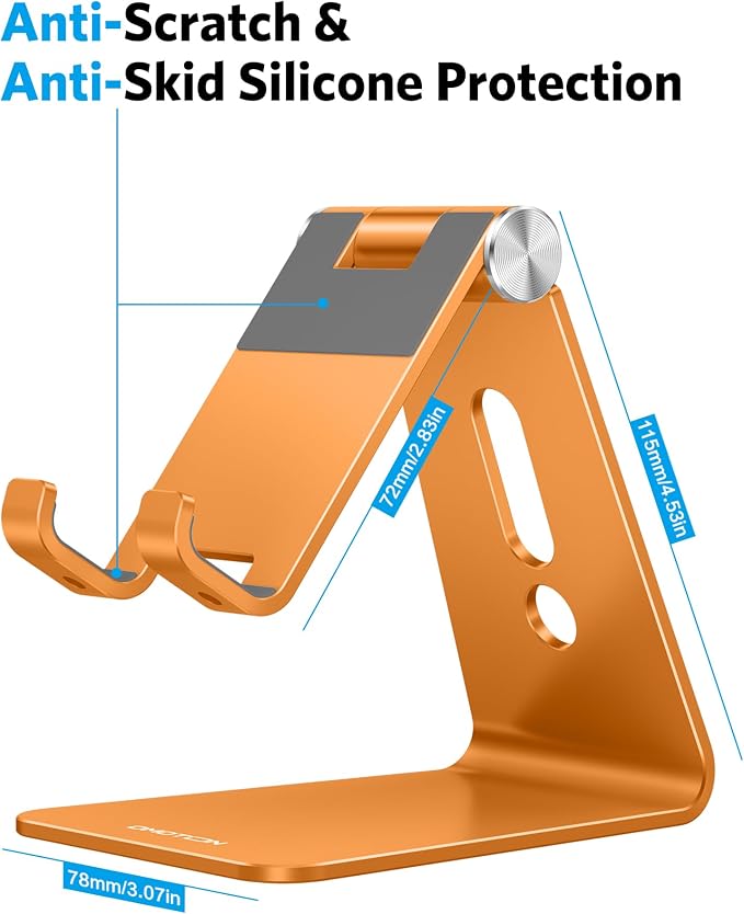 OMOTON Adjustable Cell Phone Stand, Aluminum Desktop Cellphone Stand with Anti-Slip Base and Convenient Charging Port, Fits All Smart Phones, Orange | Sturdy 3mm Aluminum, Charging Port, 270° Adjustable, Non-Slip Silicone Pads, Works with Thick Cases, ... - Image 3