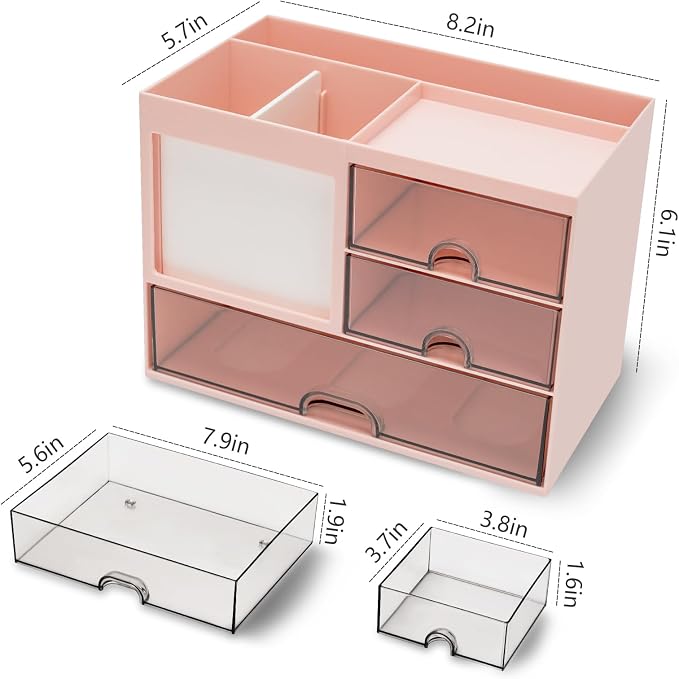 QIYVLOS Multi-Functional Desk Organizer with 3 Drawer and 8 Compartments, Pink - Image 6